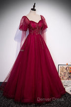 Wine Red Long Sleeves Tulle Evening Gown Prom Dresses, Dark Red Beaded Party Dresses