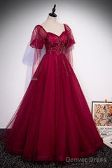 Wine Red Long Sleeves Tulle Evening Gown Prom Dress, Dark Red Beaded Party Dresses