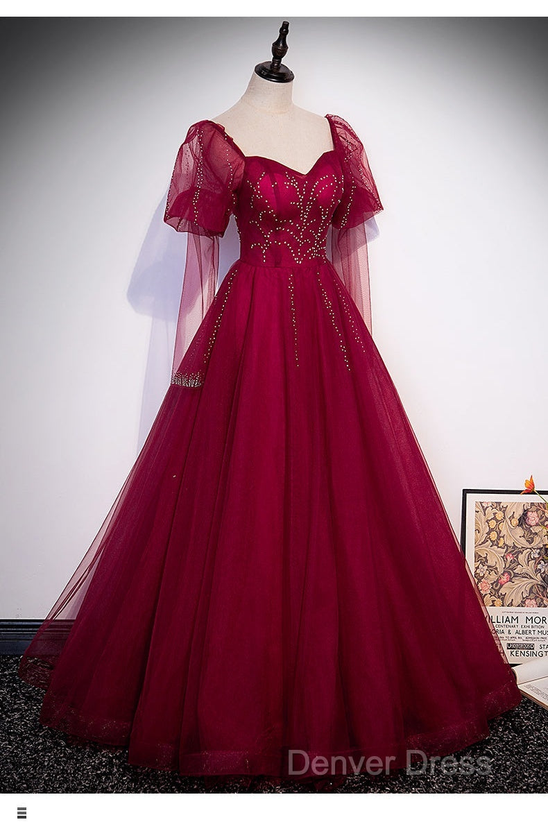 Wine Red Long Sleeves Tulle Evening Gown Prom Dresses, Dark Red Beaded Party Dresses