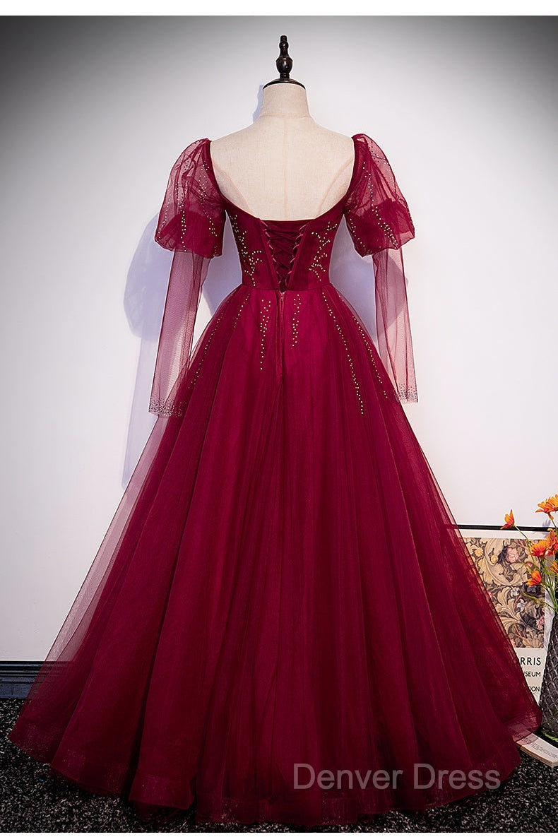 Wine Red Long Sleeves Tulle Evening Gown Prom Dresses, Dark Red Beaded Party Dresses