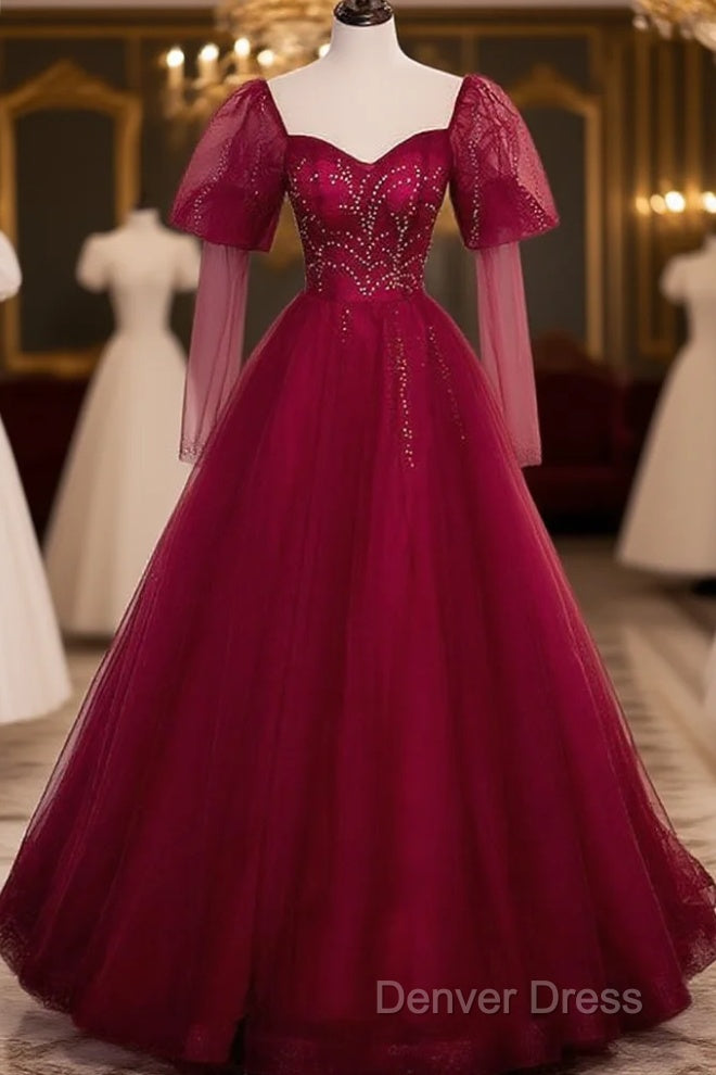 Wine Red Long Sleeves Tulle Evening Gown Prom Dresses, Dark Red Beaded Party Dresses Main image