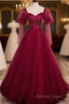 Wine Red Long Sleeves Tulle Evening Gown Prom Dresses, Dark Red Beaded Party Dresses