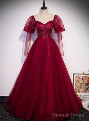 Wine Red Long Sleeves Tulle Evening Gown Prom Dress, Dark Red Beaded Party Dresses