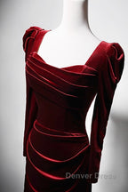 Wine Red Long Sleeves Velvet Long Party Dresses, Wine Red A-Line Prom Dresses Wedding Party Dresses