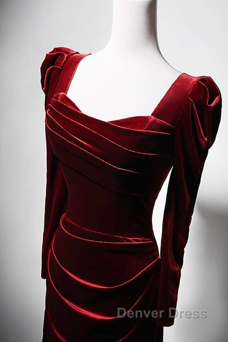 Wine Red Long Sleeves Velvet Long Prom Dress, Wine Red A Line Prom Dress Wedding Prom Dresses