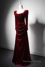 Wine Red Long Sleeves Velvet Long Party Dresses, Wine Red A-Line Prom Dresses Wedding Party Dresses