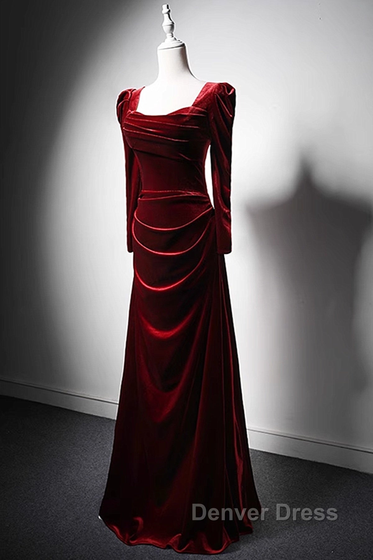 Wine Red Long Sleeves Velvet Long Prom Dress, Wine Red A Line Prom Dress Wedding Prom Dresses