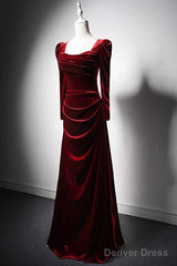 Wine Red Long Sleeves Velvet Long Party Dress, Wine Red A-Line Prom Dress Wedding Party Dress