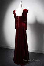 Wine Red Long Sleeves Velvet Long Party Dresses, Wine Red A-Line Prom Dresses Wedding Party Dresses