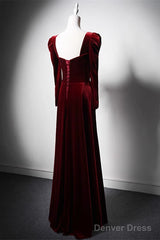 Wine Red Long Sleeves Velvet Long Party Dress, Wine Red A-Line Prom Dress Wedding Party Dress