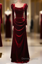 Wine Red Long Sleeves Velvet Long Party Dresses, Wine Red A-Line Prom Dresses Wedding Party Dresses