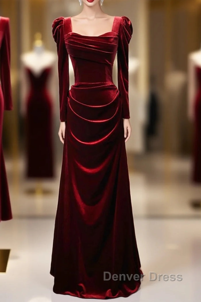 Wine Red Long Sleeves Velvet Long Prom Dress, Wine Red A Line Prom Dress Wedding Prom Dresses