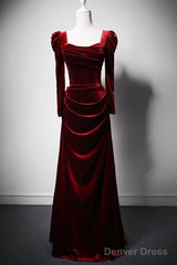 Wine Red Long Sleeves Velvet Long Party Dress, Wine Red A-Line Prom Dress Wedding Party Dress