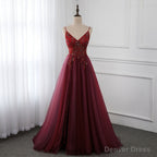 Wine Red Long Tulle V Neckline Beaded Junior Prom Dress, Dark Red Prom Dresses