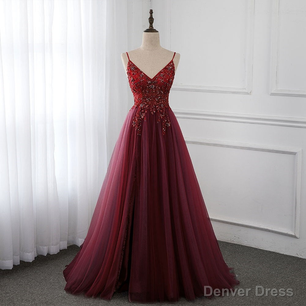 Wine Red Long Tulle V Neckline Beaded Junior Prom Dress, Dark Red Prom Dresses