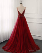 Wine Red Long Tulle V Neckline Beaded Junior Prom Dress, Dark Red Prom Dresses