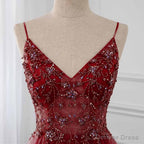 Wine Red Long Tulle V Neckline Beaded Junior Prom Dress, Dark Red Prom Dresses