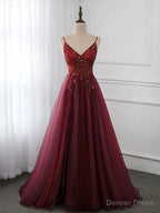 Wine Red Long Tulle V Neckline Beaded Junior Prom Dress, Dark Red Prom Dresses
