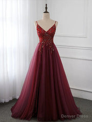 Wine Red Long Tulle V-neckline Beaded Junior Prom Dress, Dark Red Party Dress