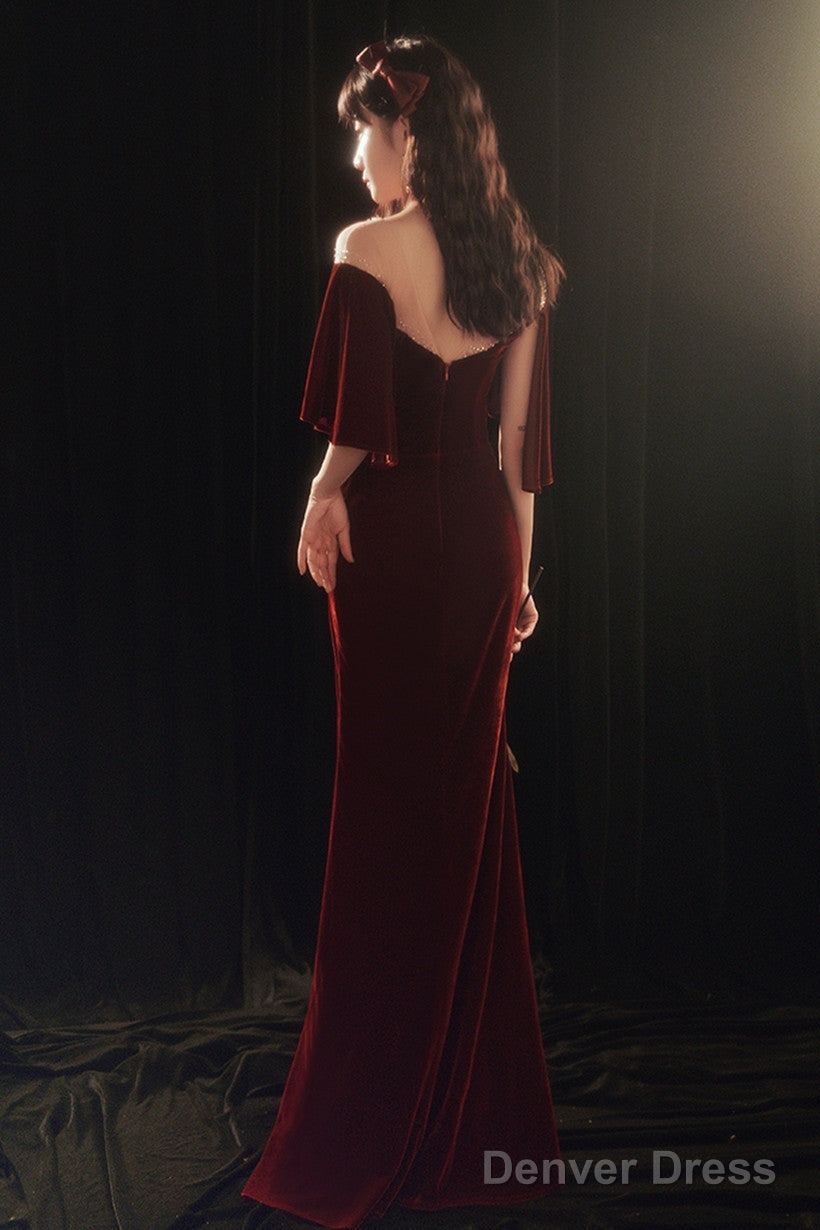 Wine Red Memaid Evening Dress Party Dress, Velvet Long Prom Dress