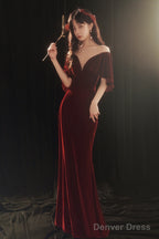 Wine Red Memaid Evening Dress Party Dress, Velvet Long Prom Dress