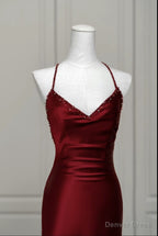 Wine Red Mermaid Backless Long Prom Dress, Wine Red Long Prom Dresses