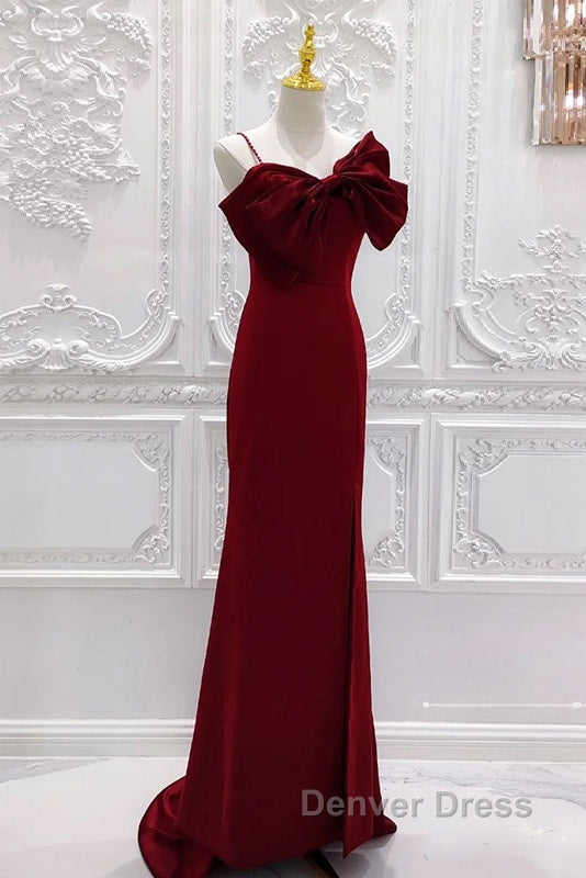 Wine Red Mermaid Evening Gown With Leg Slit, Straps Long Prom Dresses