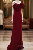 Wine Red Mermaid Evening Gown With Leg Slit, Straps Long Prom Dresses