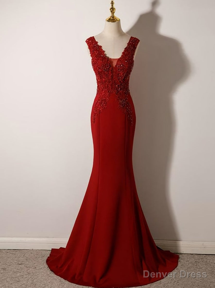 Wine Red Mermaid Floor Length Low Back Prom Dress, Burgundy Prom Dress Secondary image