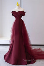 Wine Red Mermaid Lace Up Satin Long Prom Dress, Wine Red Off Shoulder Prom Dresses