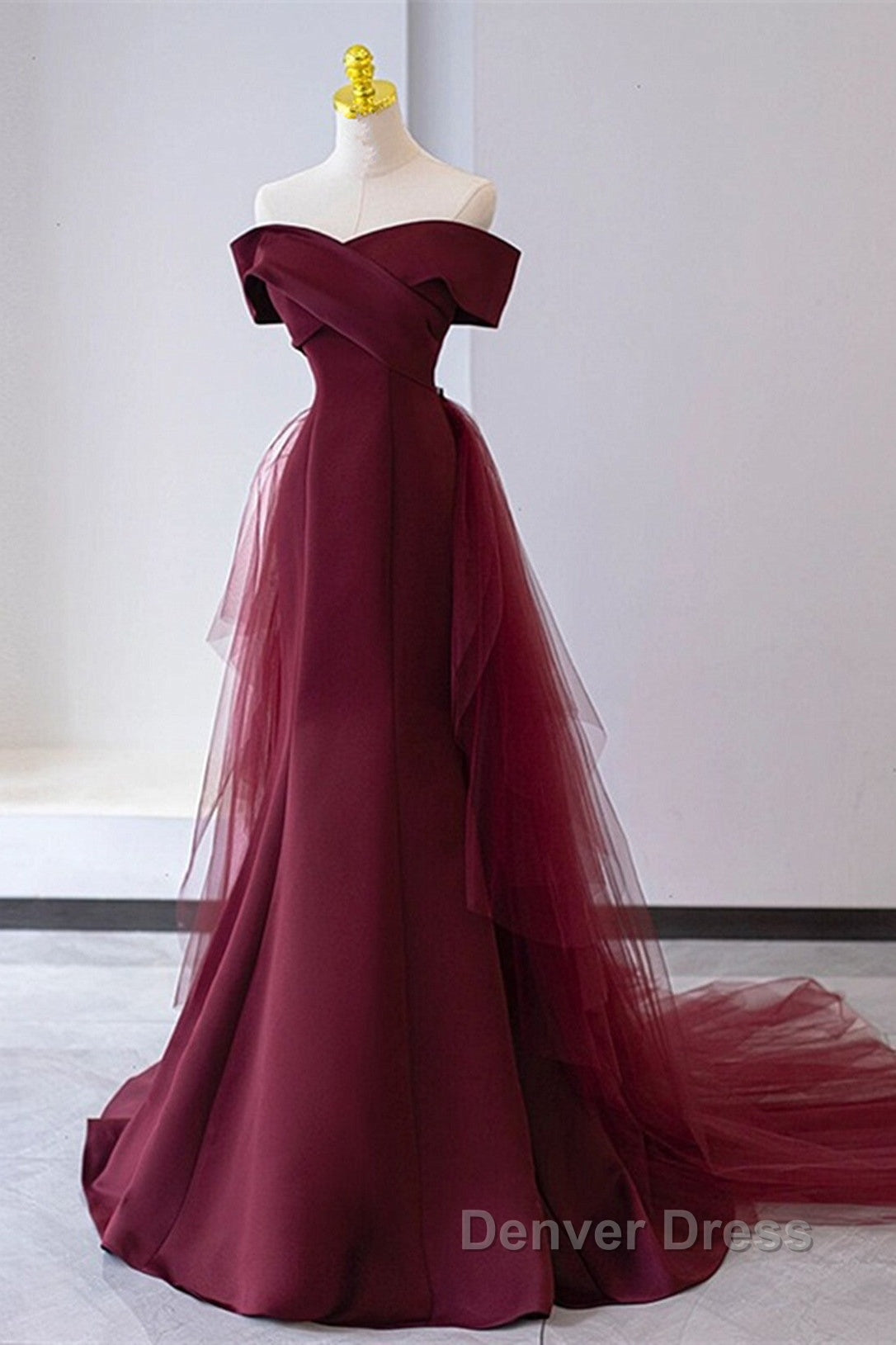 Wine Red Mermaid Lace Up Satin Long Prom Dress, Wine Red Off Shoulder Prom Dresses