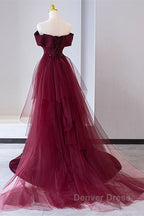 Wine Red Mermaid Lace Up Satin Long Prom Dress, Wine Red Off Shoulder Prom Dresses