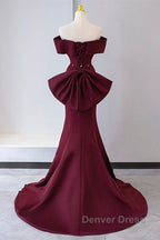 Wine Red Mermaid Lace Up Satin Long Prom Dress, Wine Red Off Shoulder Prom Dresses