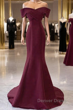 Wine Red Mermaid Lace Up Satin Long Prom Dress, Wine Red Off Shoulder Prom Dresses