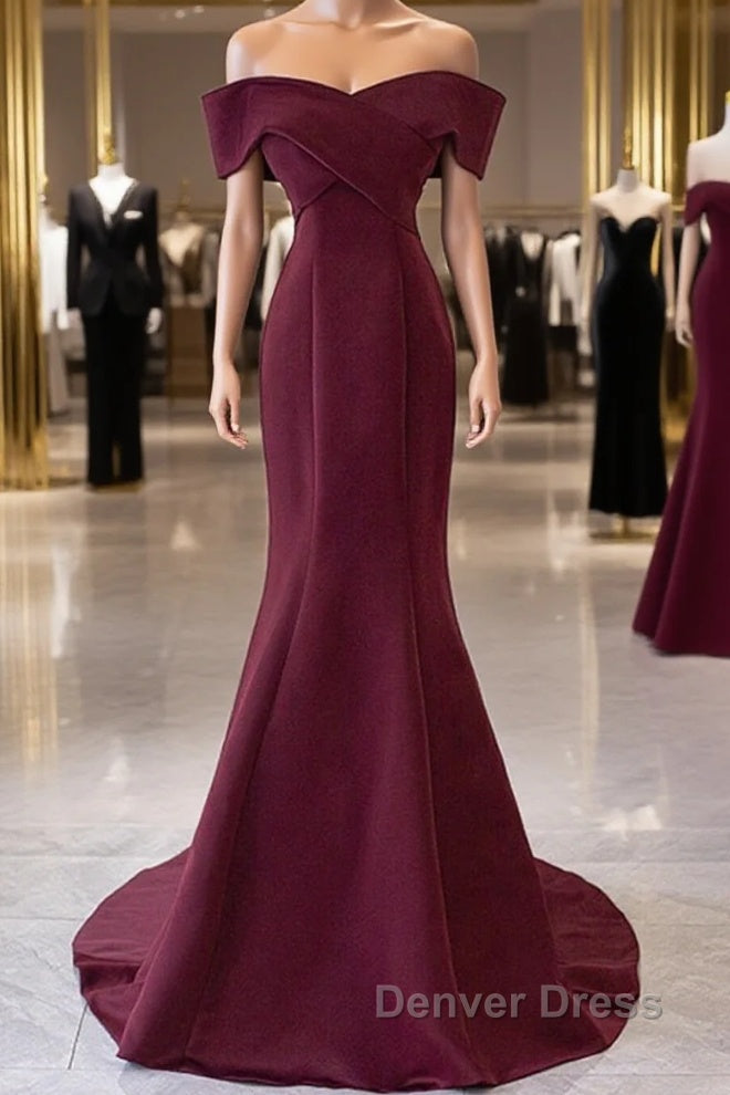 Wine Red Mermaid Lace Up Satin Long Prom Dress, Wine Red Off Shoulder Prom Dresses