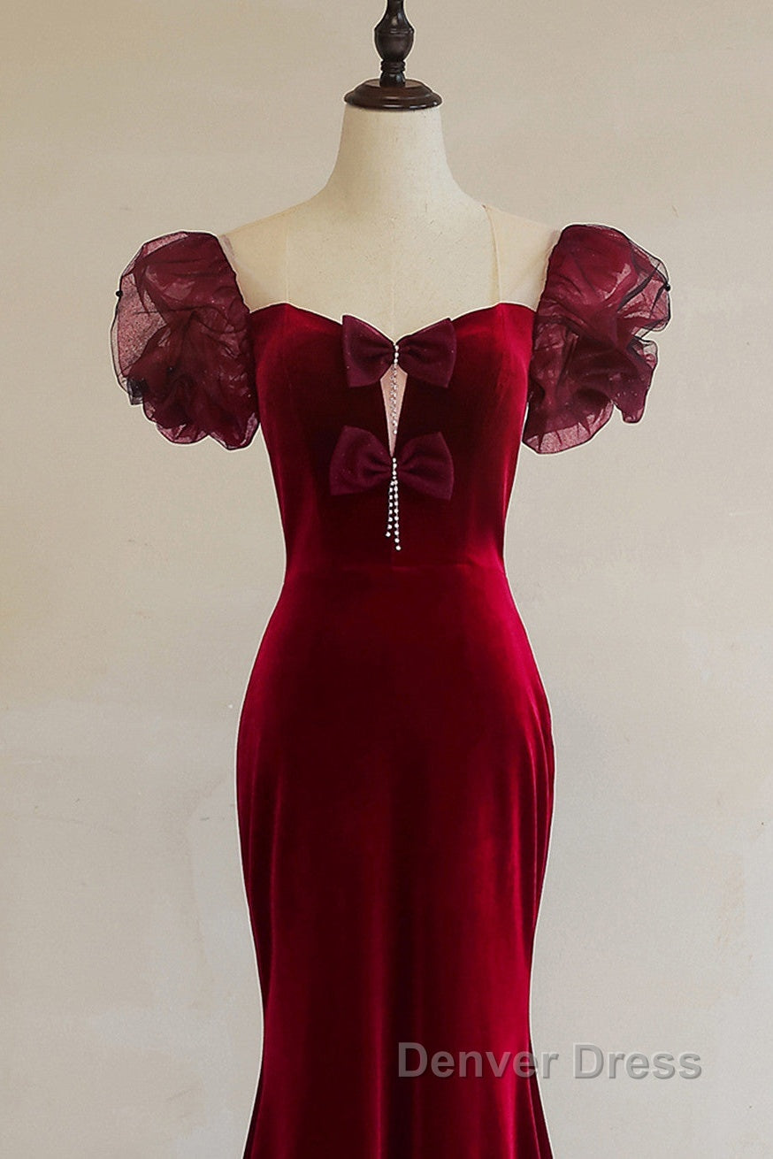 Wine Red Mermaid Long Party Dresses With Bow, Wine Red Evening Dresses Prom Dresses Secondary image