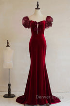 Wine Red Mermaid Long Party Dresses With Bow, Wine Red Evening Dresses Prom Dresses