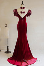 Wine Red Mermaid Long Party Dresses With Bow, Wine Red Evening Dresses Prom Dresses