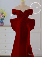 Wine Red Mermaid Long Prom Dress with Bow, Wine Red Wedding Prom Dresses