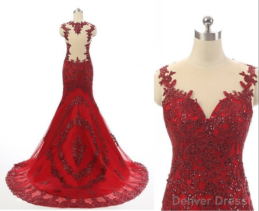 Wine Red Mermaid Long Prom Dress with Lace Applique, Wine Red Prom Dresses Main image