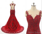 Wine Red Mermaid Long Prom Dress with Lace Applique, Wine Red Prom Dresses