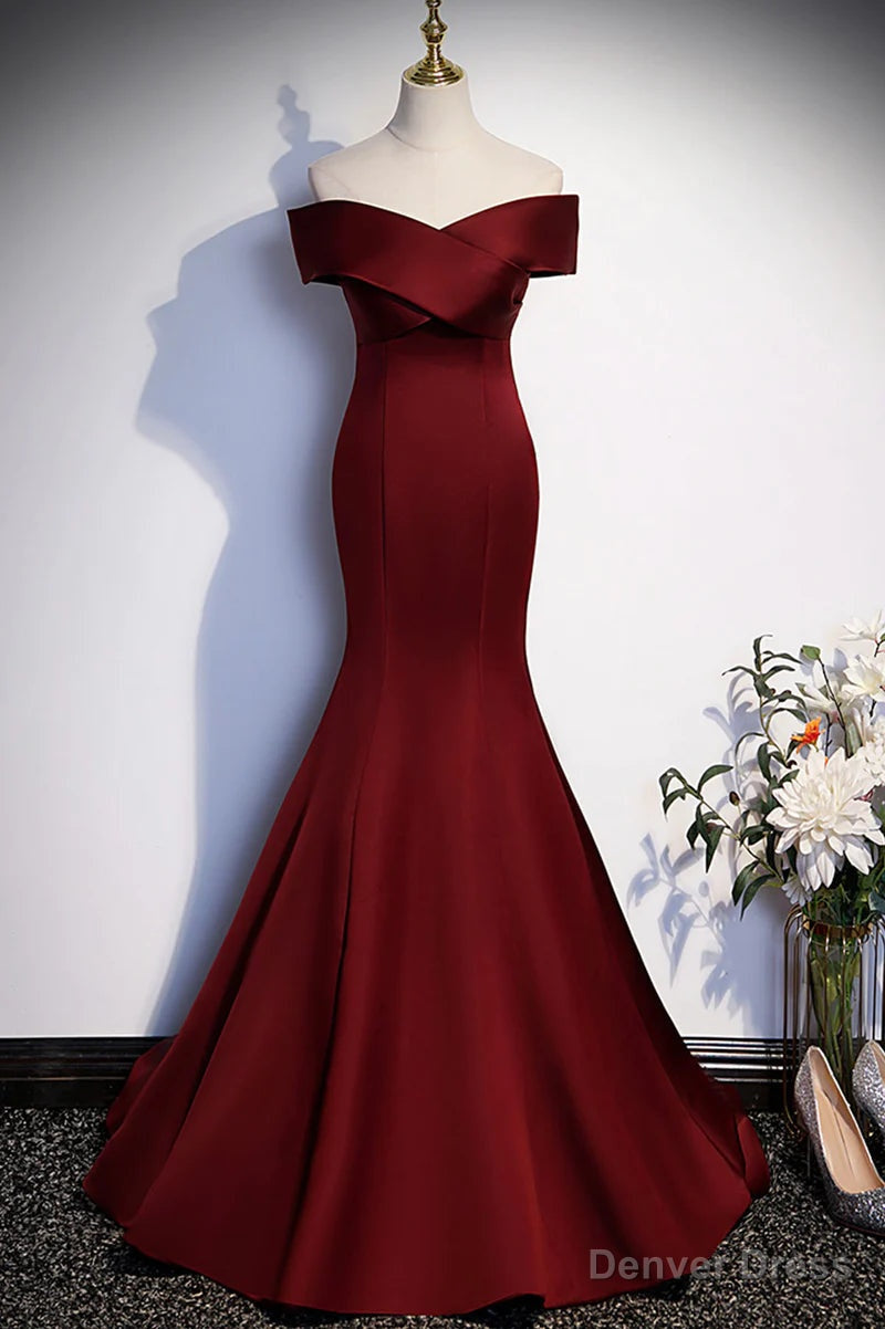 Wine Red Mermaid Long Prom Dress, Off the Shoulder V Neck Wedding Prom Dresses Main image
