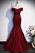 Wine Red Mermaid Long Prom Dress, Off the Shoulder V Neck Wedding Prom Dresses