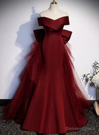 Wine Red Mermaid Long Prom Dress, Off the Shoulder V Neck Wedding Prom Dresses