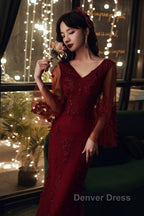 Wine Red Mermaid Long Prom Dresses With Lace, V-Neckline Prom Dresses