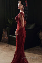 Wine Red Mermaid Long Prom Dresses With Lace, V-Neckline Prom Dresses