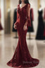 Wine Red Mermaid Long Prom Dresses With Lace, V-Neckline Prom Dresses