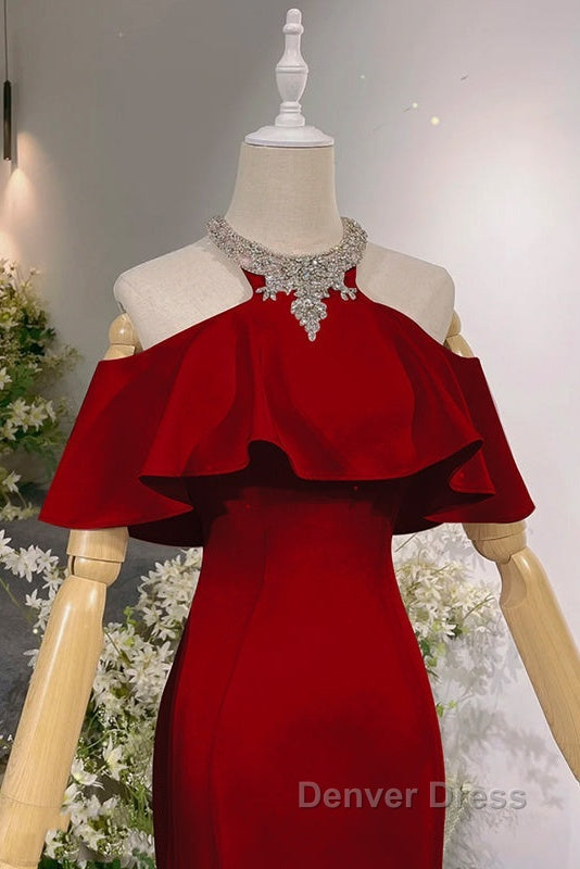 Wine Red Mermaid Off Shoulder Halter Neckline Prom Dresses, Wine Red Prom Gowns