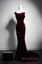 Wine Red Mermaid Straps Beaded Long Formal Dresses, Wine Red Evening Dresses Prom Dresses