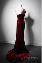 Wine Red Mermaid Straps Beaded Long Formal Dresses, Wine Red Evening Dresses Prom Dresses